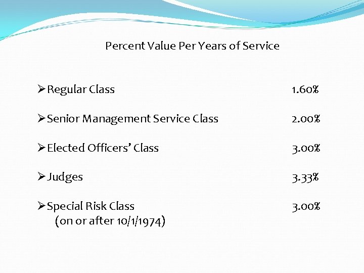 Percent Value Per Years of Service ØRegular Class 1. 60% ØSenior Management Service Class