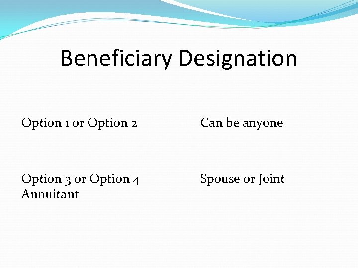 Beneficiary Designation Option 1 or Option 2 Can be anyone Option 3 or Option