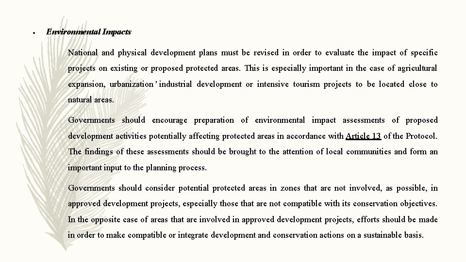  Environmental Impacts National and physical development plans must be revised in order to