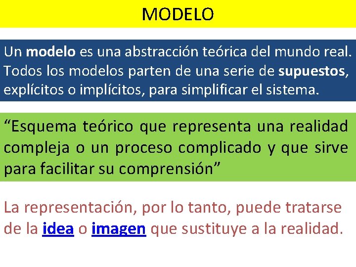 MODELO Un modelo es una abstracción teórica del mundo real. Todos los modelos parten