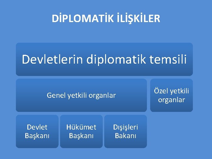 DİPLOMATİK İLİŞKİLER Devletlerin diplomatik temsili Genel yetkili organlar Devlet Başkanı Hükümet Başkanı Dışişleri Bakanı