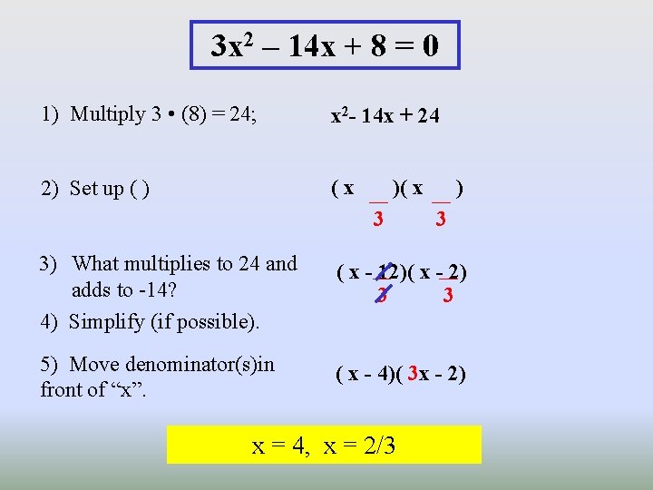 3 x 2 – 14 x + 8 = 0 1) Multiply 3 •