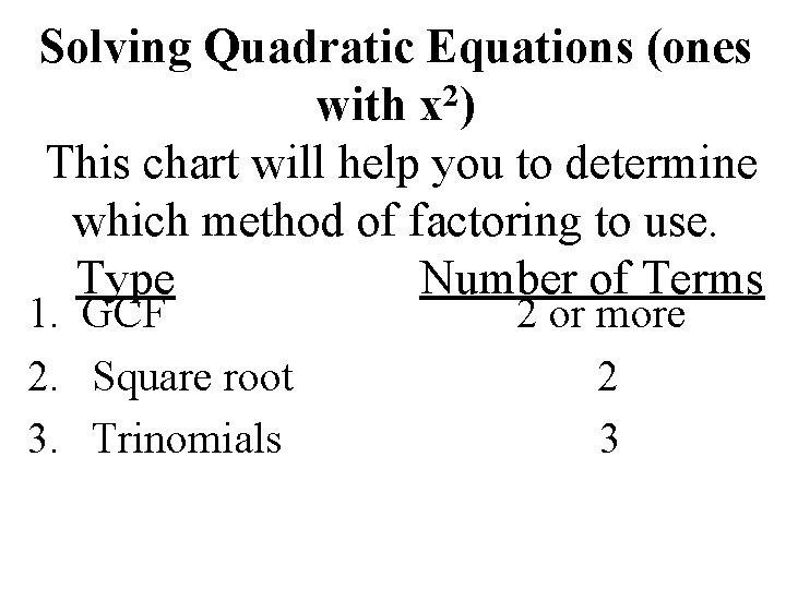 Solving Quadratic Equations (ones with x 2) This chart will help you to determine