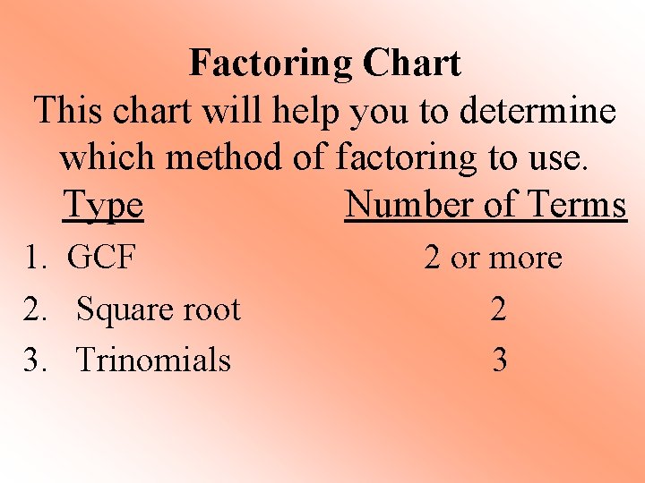 Factoring Chart This chart will help you to determine which method of factoring to