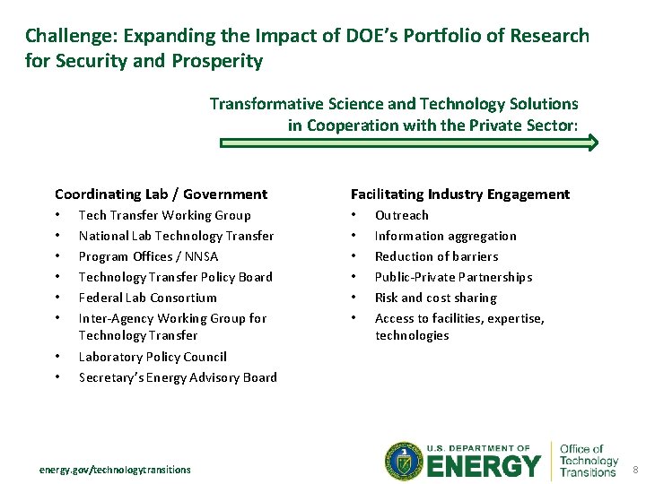 Challenge: Expanding the Impact of DOE’s Portfolio of Research for Security and Prosperity Transformative