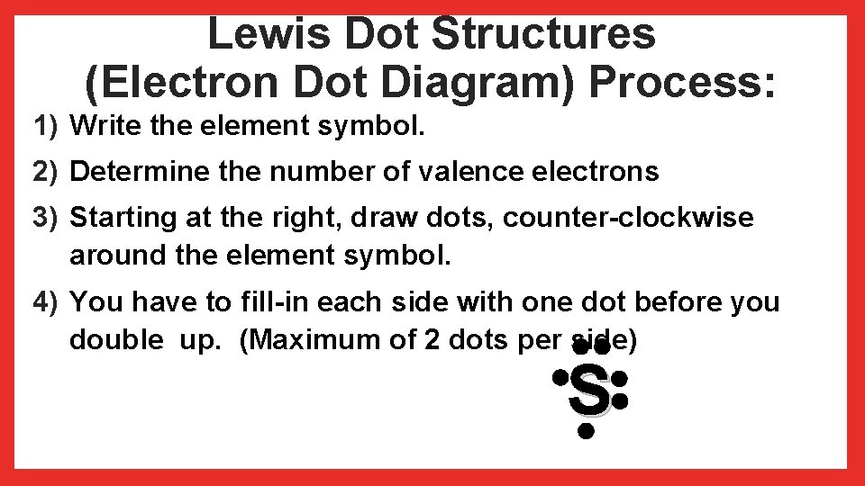 Lewis Dot Structures (Electron Dot Diagram) Process: 1) Write the element symbol. 2) Determine