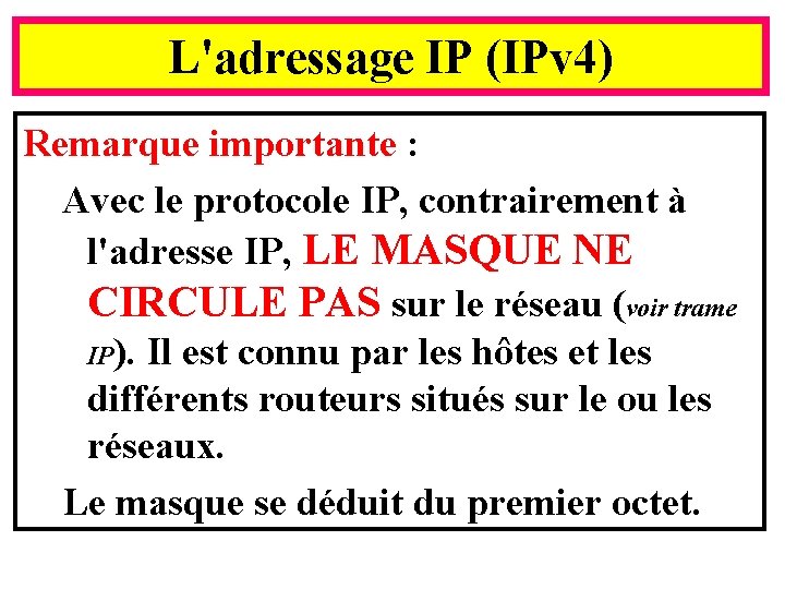 L'adressage IP (IPv 4) Remarque importante : Avec le protocole IP, contrairement à l'adresse