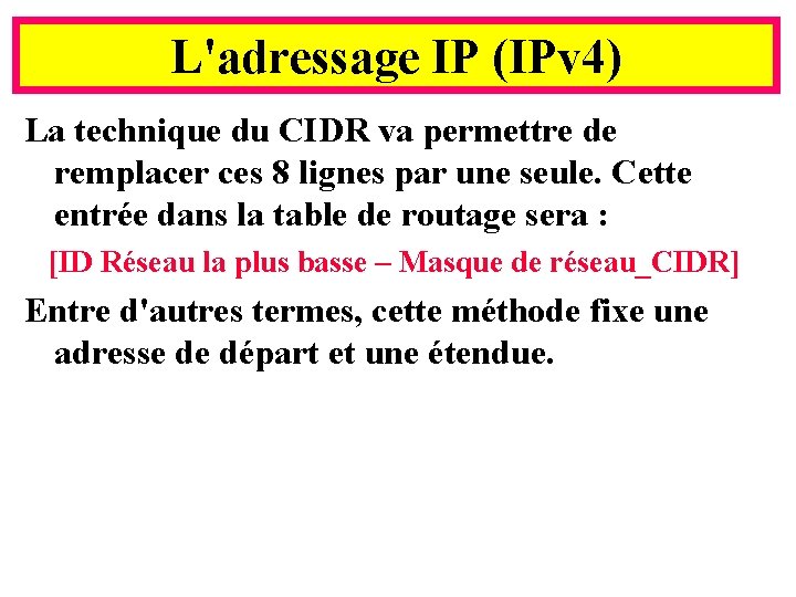 L'adressage IP (IPv 4) La technique du CIDR va permettre de remplacer ces 8