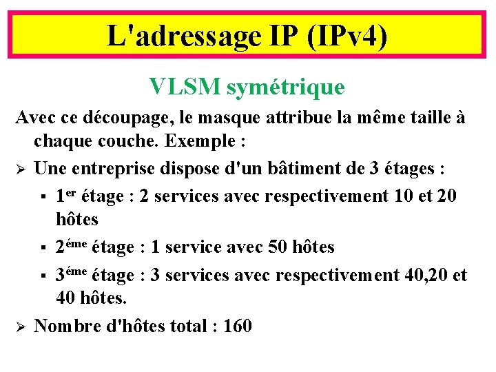 L'adressage IP (IPv 4) VLSM symétrique Avec ce découpage, le masque attribue la même