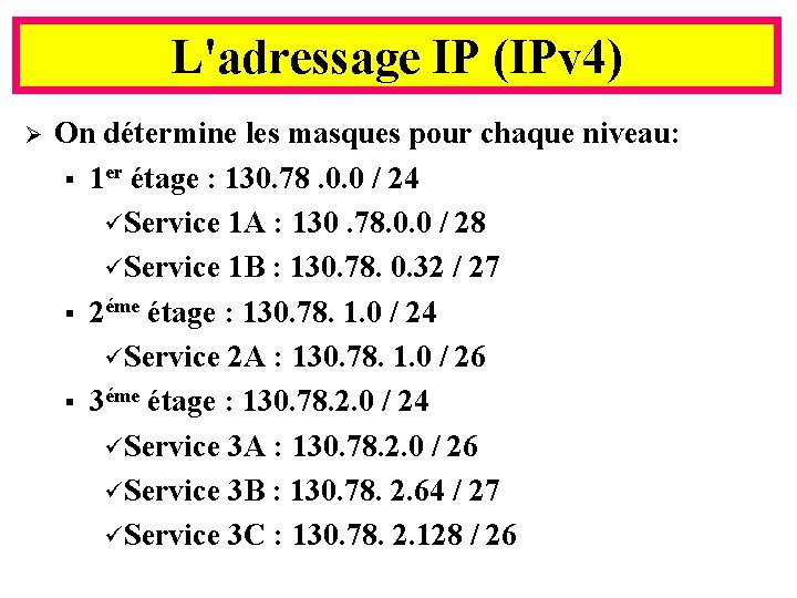 L'adressage IP (IPv 4) Ø On détermine les masques pour chaque niveau: § 1