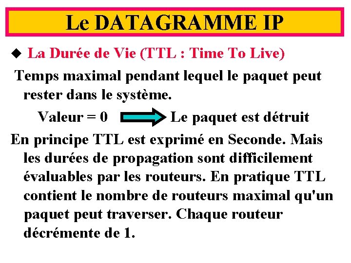 Le DATAGRAMME IP La Durée de Vie (TTL : Time To Live) Temps maximal