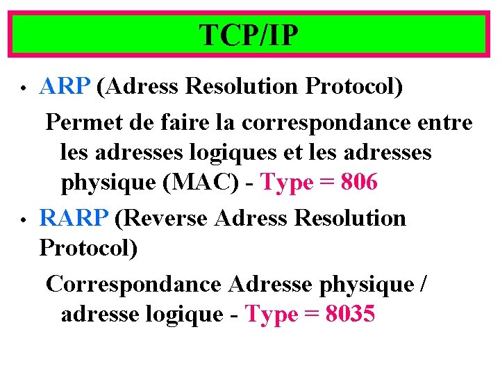 TCP/IP • • ARP (Adress Resolution Protocol) Permet de faire la correspondance entre les