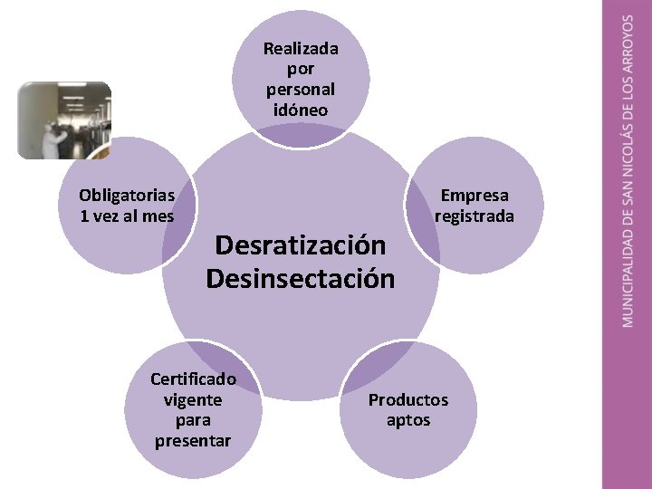 Realizada por personal idóneo Obligatorias 1 vez al mes Desratización Desinsectación Certificado vigente para