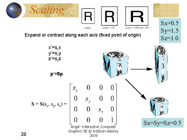 Scaling Expand or contract along each axis (fixed point of origin) Sx=0. 5 Sy=1.