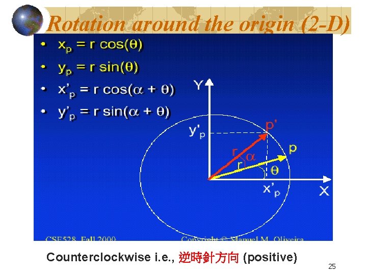 Rotation around the origin (2 -D) Counterclockwise i. e. , 逆時針方向 (positive) 25 