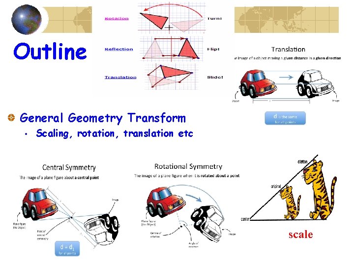 Outline General Geometry Transform • Scaling, rotation, translation etc scale 
