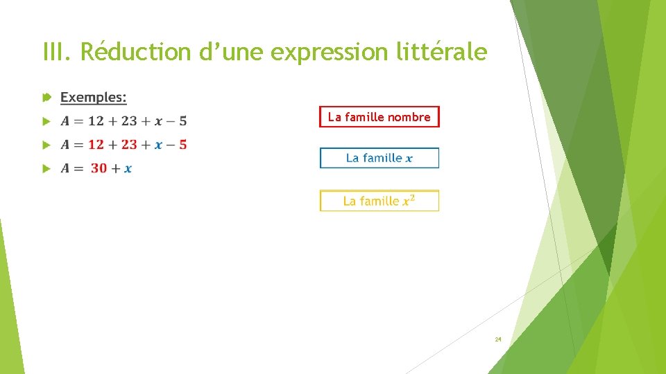 III. Réduction d’une expression littérale La famille nombre 24 