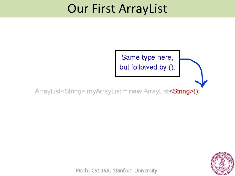 Our First Array. List Same type here, but followed by (). Array. List<String> my.