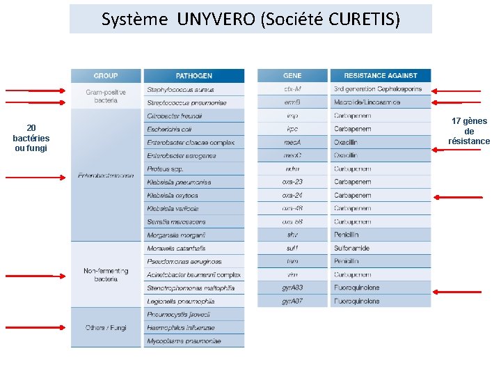 Système UNYVERO (Société CURETIS) 20 bactéries ou fungi 17 gènes de résistance 