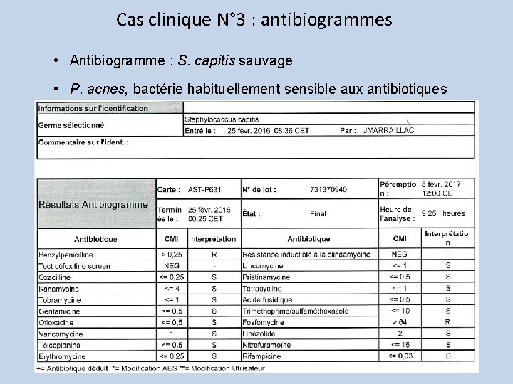 Cas clinique N° 3 : antibiogrammes • Antibiogramme : S. capitis sauvage • P.