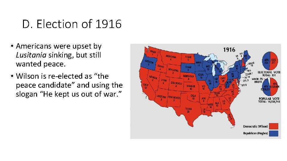 D. Election of 1916 • Americans were upset by Lusitania sinking, but still wanted D. Election of 1916 • Americans were upset by Lusitania sinking, but still wanted