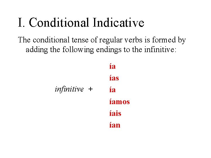 I. Conditional Indicative The conditional tense of regular verbs is formed by adding the