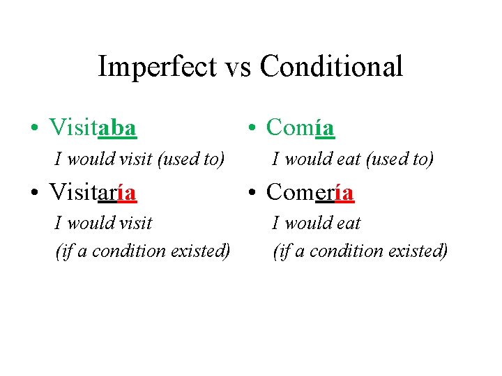 Imperfect vs Conditional • Visitaba I would visit (used to) • Visitaría I would