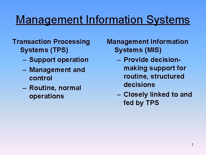Management Information Systems Transaction Processing Systems (TPS) – Support operation – Management and control