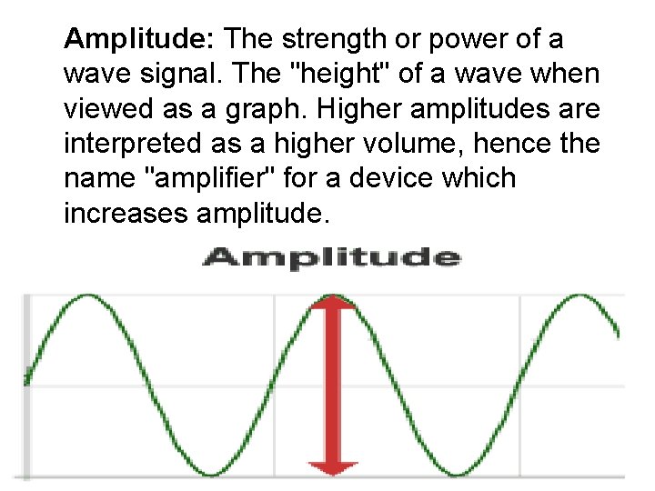 Amplitude: The strength or power of a wave signal. The "height" of a wave