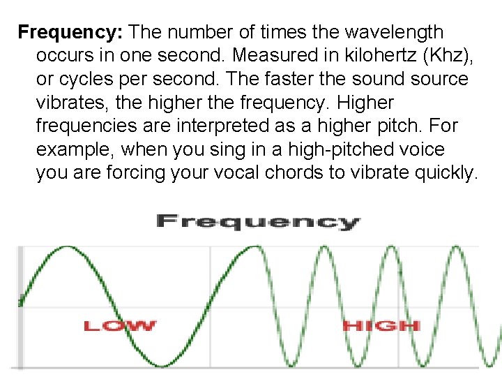 Frequency: The number of times the wavelength occurs in one second. Measured in kilohertz