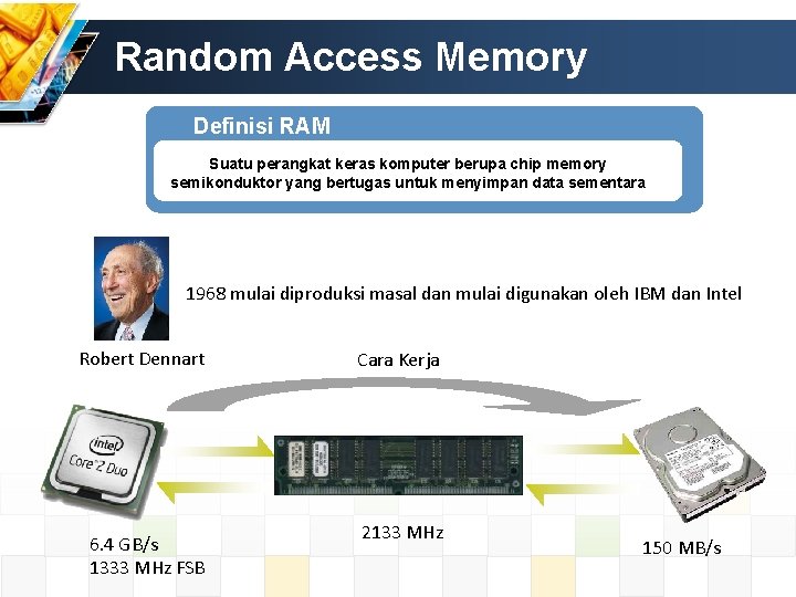 Random Access Memory Definisi RAM Suatu perangkat keras komputer berupa chip memory semikonduktor yang