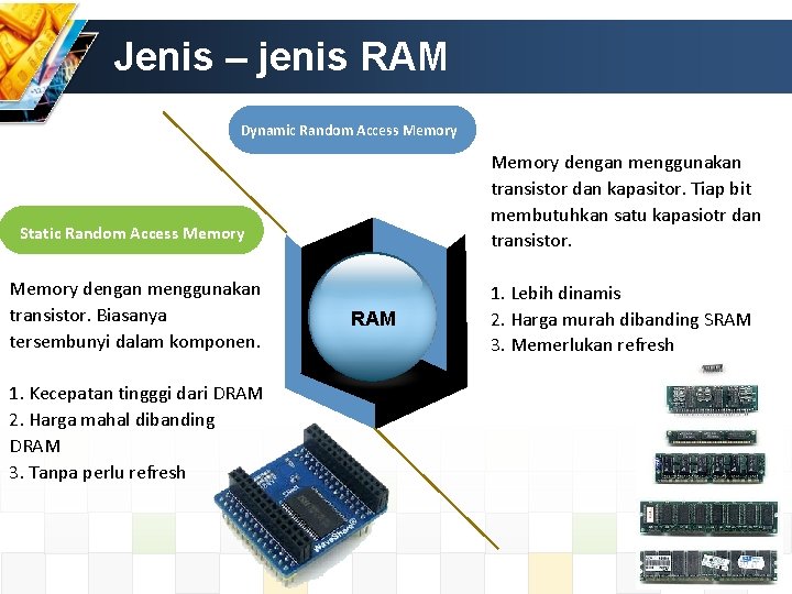 Jenis – jenis RAM Dynamic Random Access Memory dengan menggunakan transistor dan kapasitor. Tiap