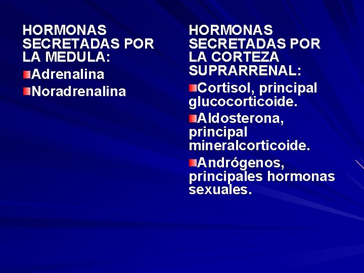 HORMONAS SECRETADAS POR LA MEDULA: Adrenalina Noradrenalina HORMONAS SECRETADAS POR LA CORTEZA SUPRARRENAL: Cortisol, HORMONAS SECRETADAS POR LA MEDULA: Adrenalina Noradrenalina HORMONAS SECRETADAS POR LA CORTEZA SUPRARRENAL: Cortisol,