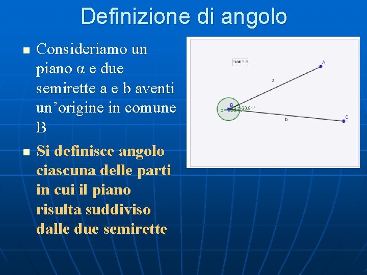 Definizione di angolo n n Consideriamo un piano α e due semirette a e