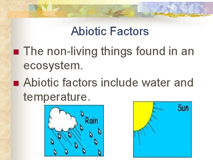 Abiotic Factors n n The non-living things found in an ecosystem. Abiotic factors include