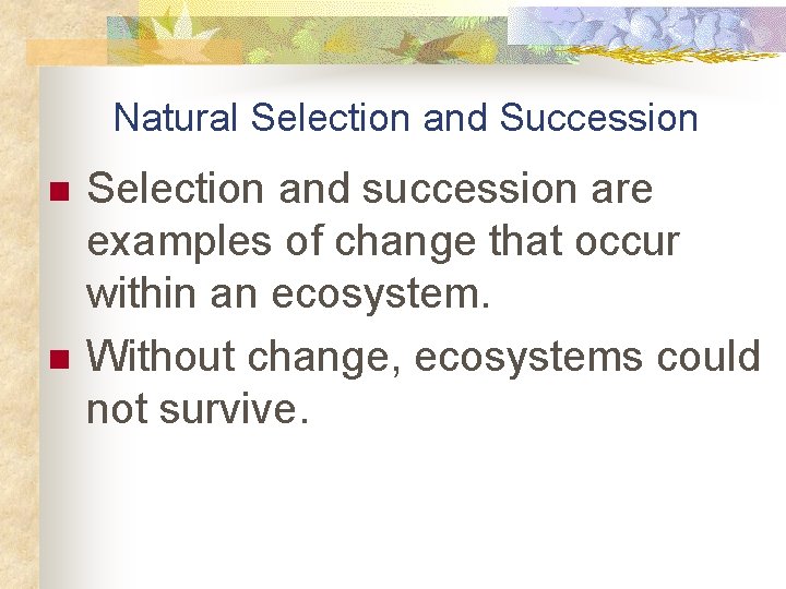 Natural Selection and Succession n n Selection and succession are examples of change that