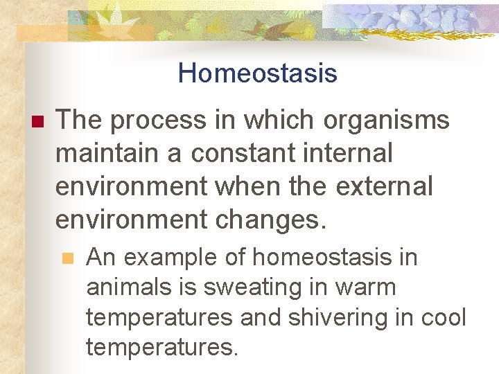 Homeostasis n The process in which organisms maintain a constant internal environment when the