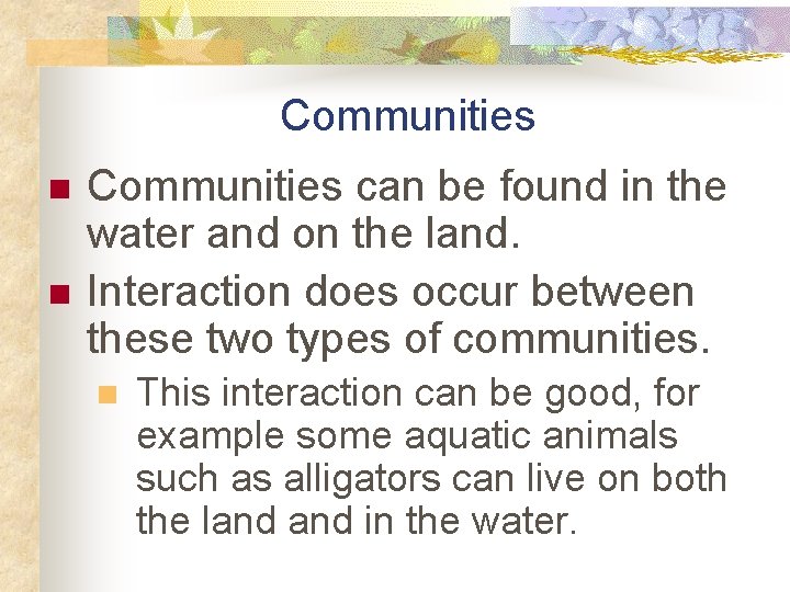 Communities n n Communities can be found in the water and on the land.