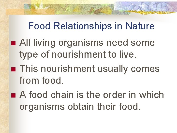 Food Relationships in Nature n n n All living organisms need some type of