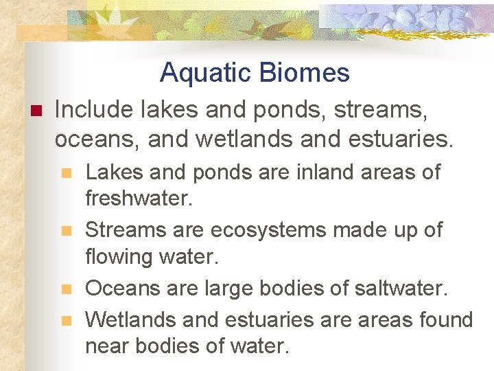 Aquatic Biomes n Include lakes and ponds, streams, oceans, and wetlands and estuaries. n