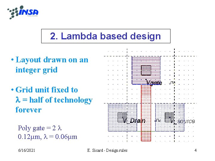 2. Lambda based design • Layout drawn on an integer grid • Grid unit
