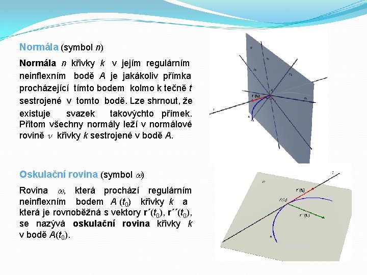 Normála (symbol n) Normála n křivky k v jejím regulárním neinflexním bodě A je