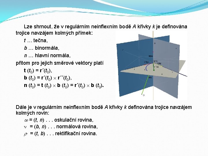 Lze shrnout, že v regulárním neinflexním bodě A křivky k je definována trojice navzájem