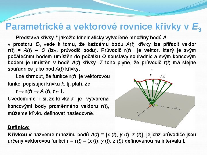 Parametrické a vektorové rovnice křivky v E 3 Představa křivky k jakožto kinematicky vytvořené