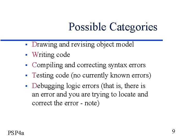Possible Categories § § § PSP 4 a Drawing and revising object model Writing