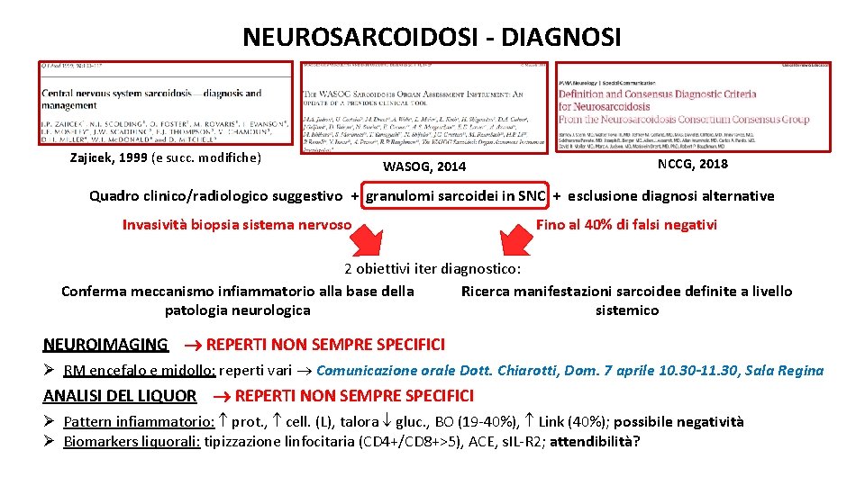 NEUROSARCOIDOSI - DIAGNOSI Zajicek, 1999 (e succ. modifiche) WASOG, 2014 NCCG, 2018 Quadro clinico/radiologico
