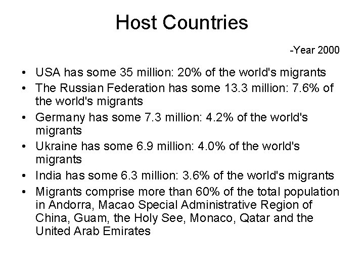 Host Countries Year 2000 • USA has some 35 million: 20% of the world's