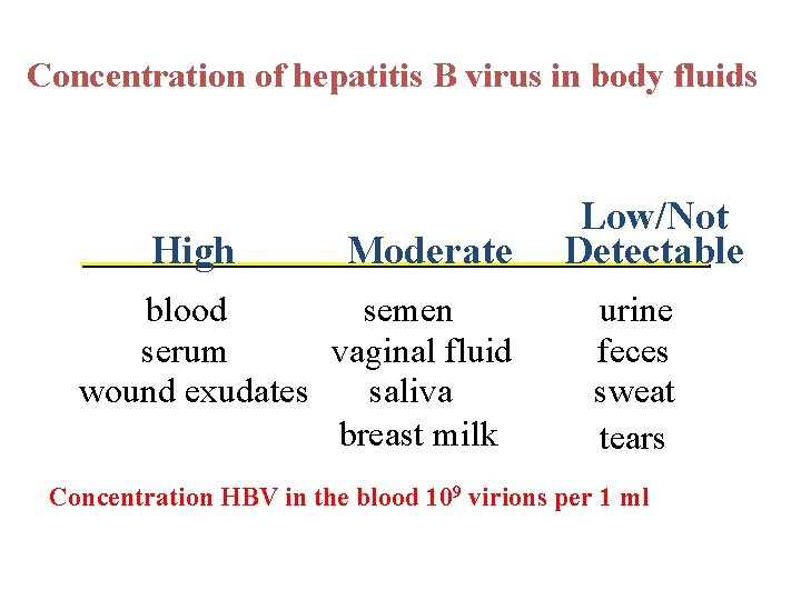 Concentration of hepatitis B virus in body fluids High Moderate blood semen serum vaginal