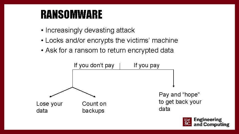 RANSOMWARE • Increasingly devasting attack • Locks and/or encrypts the victims’ machine • Ask