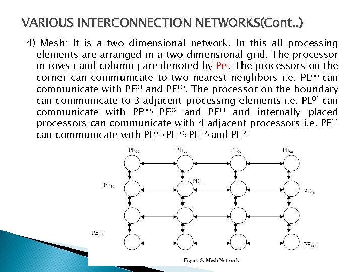 VARIOUS INTERCONNECTION NETWORKS(Cont. . ) 4) Mesh: It is a two dimensional network. In